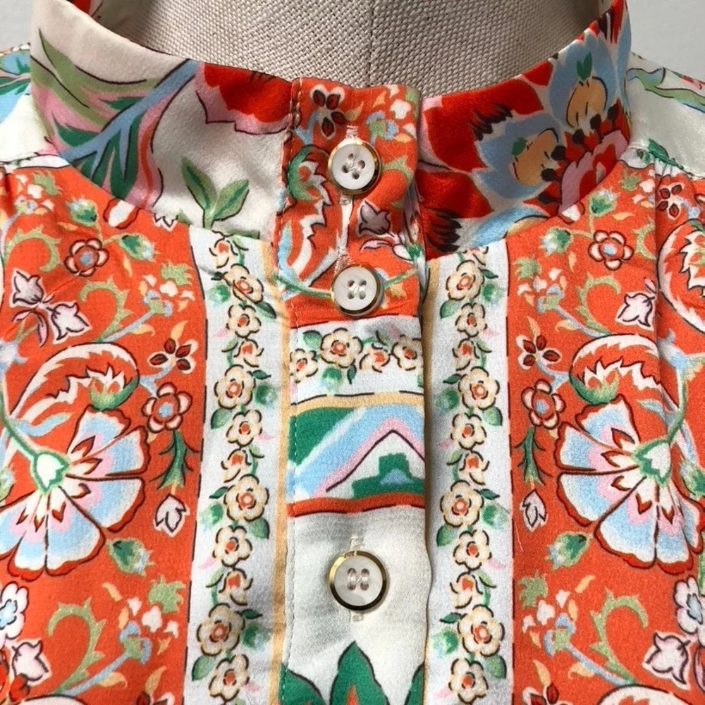 Fate‎ Floral Mini Dress Women Small Orange White Mock Neck Button Up Retro